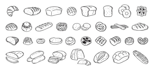 Bread different types hand drawn doodle outline icon set. Bread engraving, line art. Wheat products, baked goods, bakery