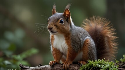 Fototapeta premium Adorable red squirrel perched on a branch, looking curiously.