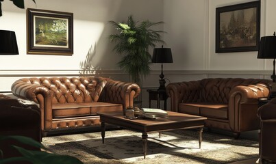 Sunlit living room with brown leather chesterfield sofas, coffee table, and artwork.