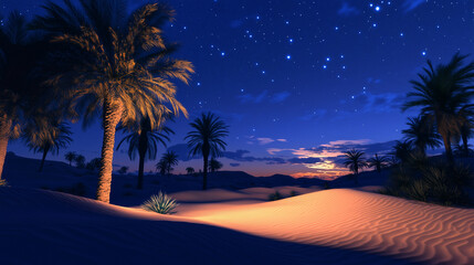 A serene desert scene featuring a cozy seating area with tea, cushions, and a beautiful sunset in the backdrop. 