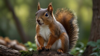Fototapeta premium Adorable red squirrel perched on a mossy log in a forest.
