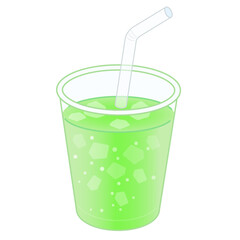 プラスチックのコップに入ったメロンソーダのイラスト
