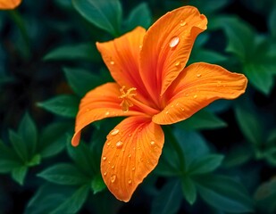 Bright orange flower blooming in lush green surroundings after rain