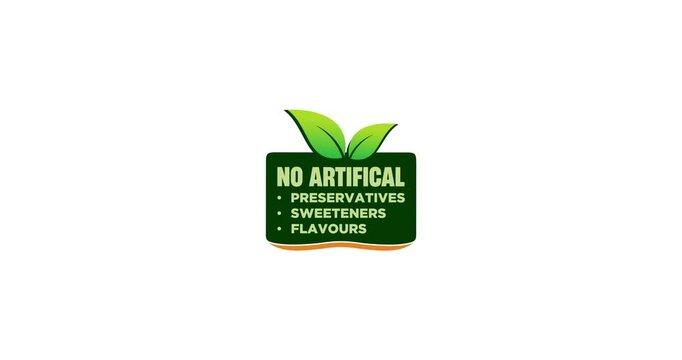 No artificial label product. No artificial Flavors, Preservatives, added colors - Flat green vector pictogram for food labeling. Motion graphics.