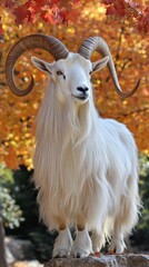 Obraz premium A majestic white goat with long horns stands against a backdrop of autumn leaves.