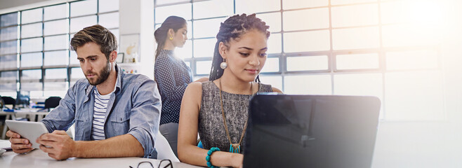 Banner, office and business people on laptop coworking for research, web design and online project....