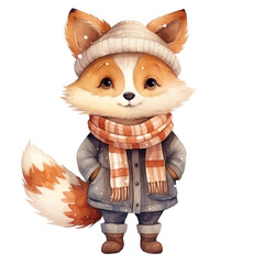 Cute winter fox wearing a hat, scarf, and coat. Adorable cartoon animal illustration.
