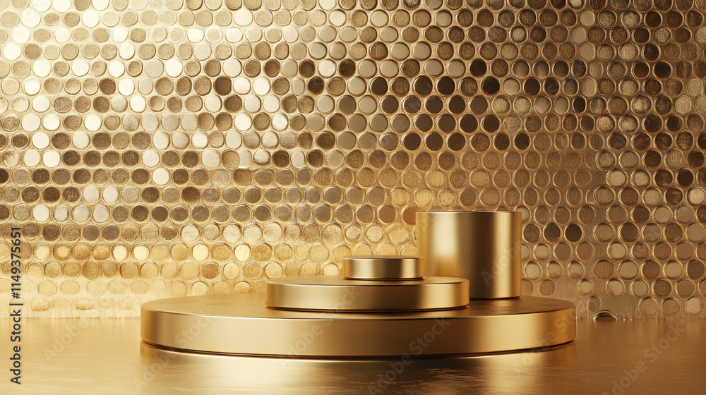 Poster golden geometric shapes on a shimmering backdrop create a luxurious display.