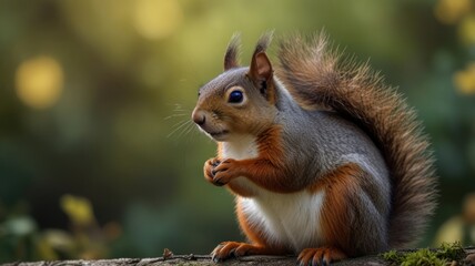 Fototapeta premium Red squirrel sitting on a log in a forest.