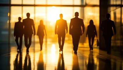 Silhouetted Figures Walk Towards Sunset in Modern Building, Achieving Ambitious Goals Together