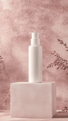 White cosmetic container pump bottle mockup on square stone podium with pink background. Concept for beauty commercial, Cosmetic advertising