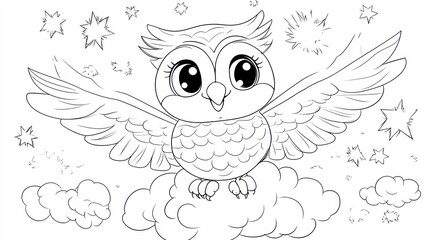 Obraz premium Happy Cartoon Owl Napping on Cloud - Coloring Book Page for Children
