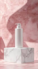 White cosmetic container pump bottle mockup on square stone podium with pink background. Concept for beauty commercial, Cosmetic advertising