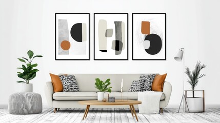 Stylish living room with modern neutral sofa, modern abstract posters, home plants, wooden table, elegant decorations. Minimalistic Scandinavian interior design