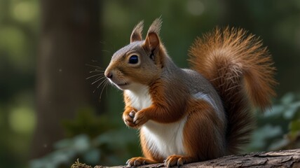 Red squirrel sitting on a log in a forest.