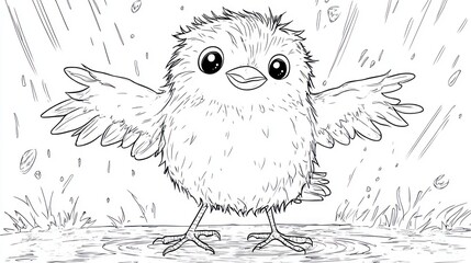 Obraz premium Joyful Kiwi Bird Dancing in Rain - Children's Coloring Book Page