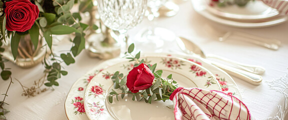 Fototapeta premium Festive table setting with candles and arrangement of beautiful red flowers. Holiday concept