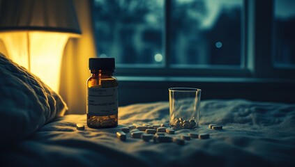 Nighttime Medication: Pills and Bottle on Bedside, Darkness, Calm Sleep Aid