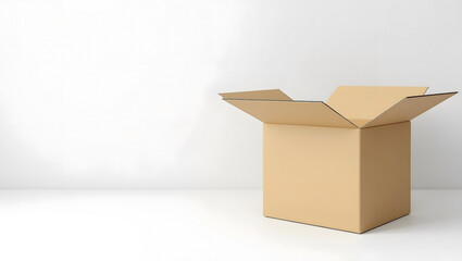 Open cardboard box on floor, white background.