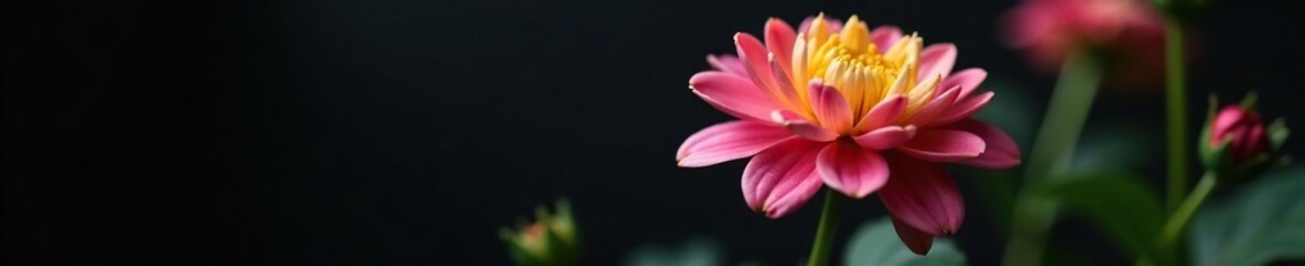 Soft focus of a blooming pink and yellow chrysanthemum flower against a dark black background with some green foliage, plant life, garden