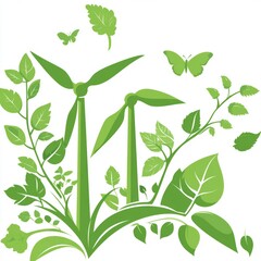 Green Energy Windmills and Lush Foliage Illustration