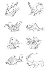 set of hand drawn fish