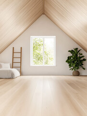 Fototapeta premium Bright and modern attic interior with minimalist decor and natural light