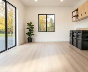 Fototapeta premium Spacious and bright interior of a modern room with large windows and simple decor