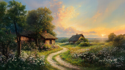 An oil painting of a house in the countryside. Field house sky clouds green trees. A green field with trees and a house. Lifestyle.