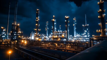 Nighttime Industrial Refinery Complex Illuminated Towers