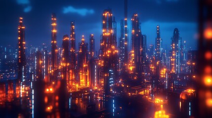 Fototapeta premium Illuminated Industrial Complex Night Scene Towers Glowing