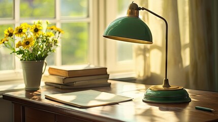 A retro-style green-shaded metal desk lamp on a polished wooden desk with classic decor.