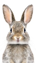 Obraz premium A close-up image of a rabbit's face with large ears and expressive eyes against a white background.