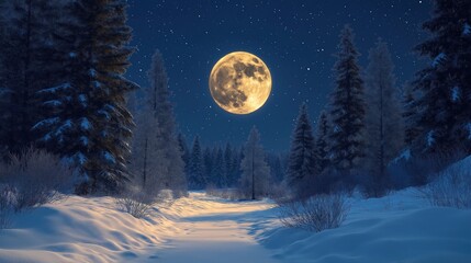 Naklejka premium Full moon over snowy winter forest. Clear night sky with stars. Snowy path. Majestic nature scene. Peaceful, serene winter landscape. Trees covered in frost. Cold, quiet winter night. Beautiful