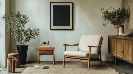 Stylish scandinavian composition of living room with design armchair, black mock up poster frame, commode, wooden stool, book, decoration, loft wall and personal accessories in modern home decor