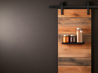 Rustic kitchen shelf with glass jars displaying various spices and ingredients
