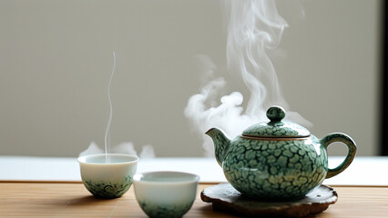 Steaming teapot and teacups