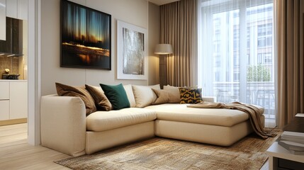 Stylish studio apartment interior with comfortable beige sofa