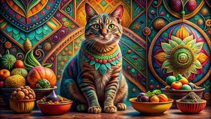 Fototapeta premium Mystical Cat with Geometric Patterns Wallpaper, Food Photography Still Life