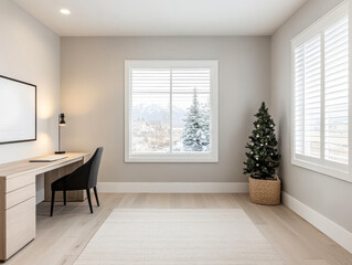 Obraz premium Modern minimalistic home office with a winter view and holiday decor in the corner