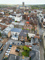 Fototapeta premium Historical Buildings at Canterbury City of Southeast England United Kingdom. April 20th, 2024, Aerial View Was Captured with Drone's Camera From High Altitude