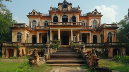 Fototapeta premium A large ornate faded orange building with a grand staircase