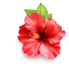 Vibrant red hibiscus flower with green leaves against a clean white background.