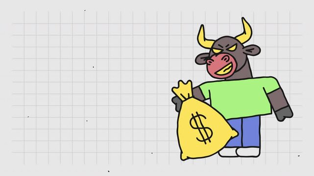 Template for text bull holds bag of money and smiles