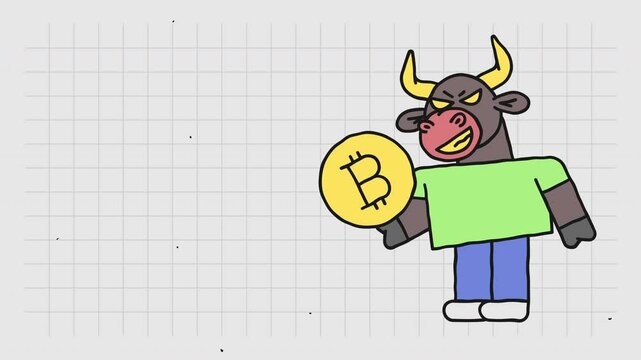 Template for text bull holds coin with bitcoin sign and smiles