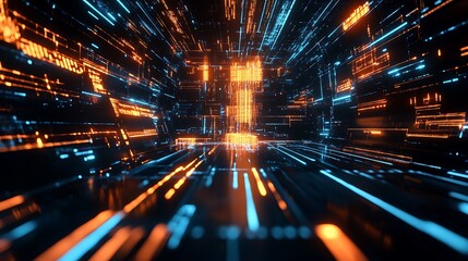 Abstract Digital Corridor Orange And Blue Lights