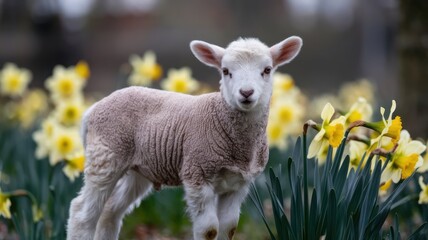 Fototapeta premium Adorable Lamb Standing Among Spring Daffodils