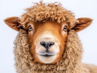 A close-up of a fluffy sheep with a friendly expression against a plain background.