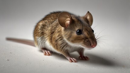 Close-up of a small brown mouse on a white background.