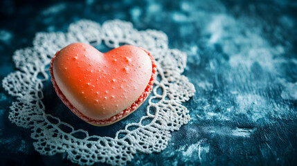 Fototapeta premium Heart-Shaped Macaron on Lace, Teal Background